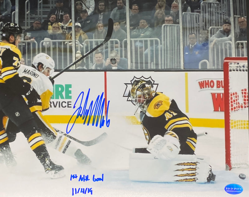 John Marino Signed, Inscribed "1st NHL Goal 11/4/19" Pittsburgh Penguins 8x10 Photo - Scoring His First Goal