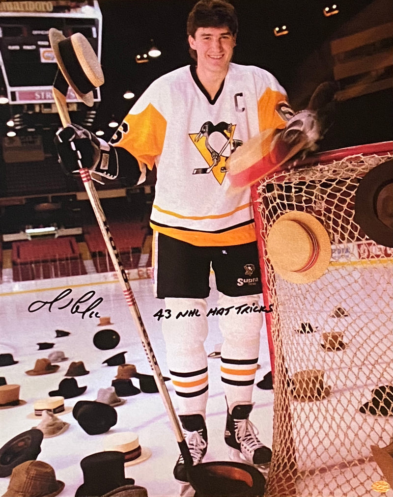 Mario Lemieux  Signed, Inscribed "43 NHL Hat Tricks" 16x20 Canvas