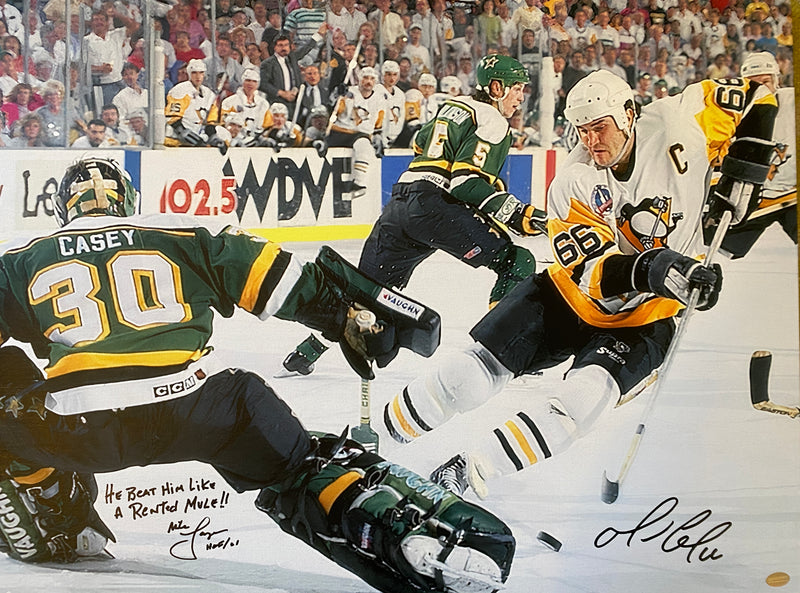 Mario Lemieux & Mike Lange Signed, Inscribed 18x24 Canvas - Inscribed by Mike Lange