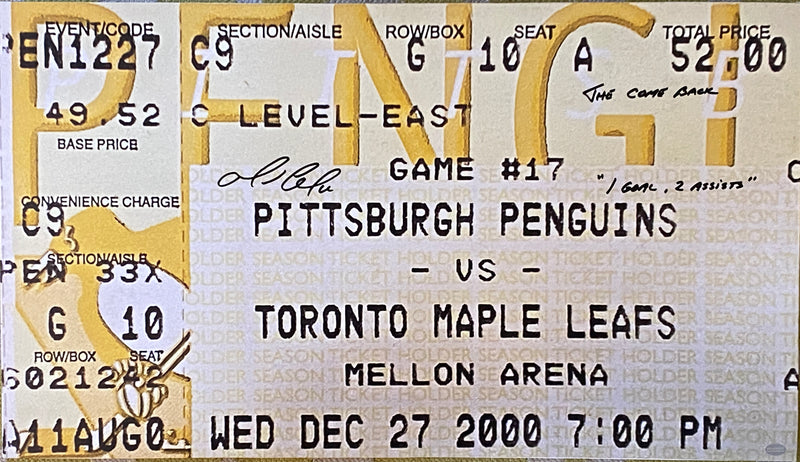 Mario Lemieux  Signed, Inscribed "The Comeback 1 Goal, 2 Assists" 16x28 Canvas Ticket 12/27/2000