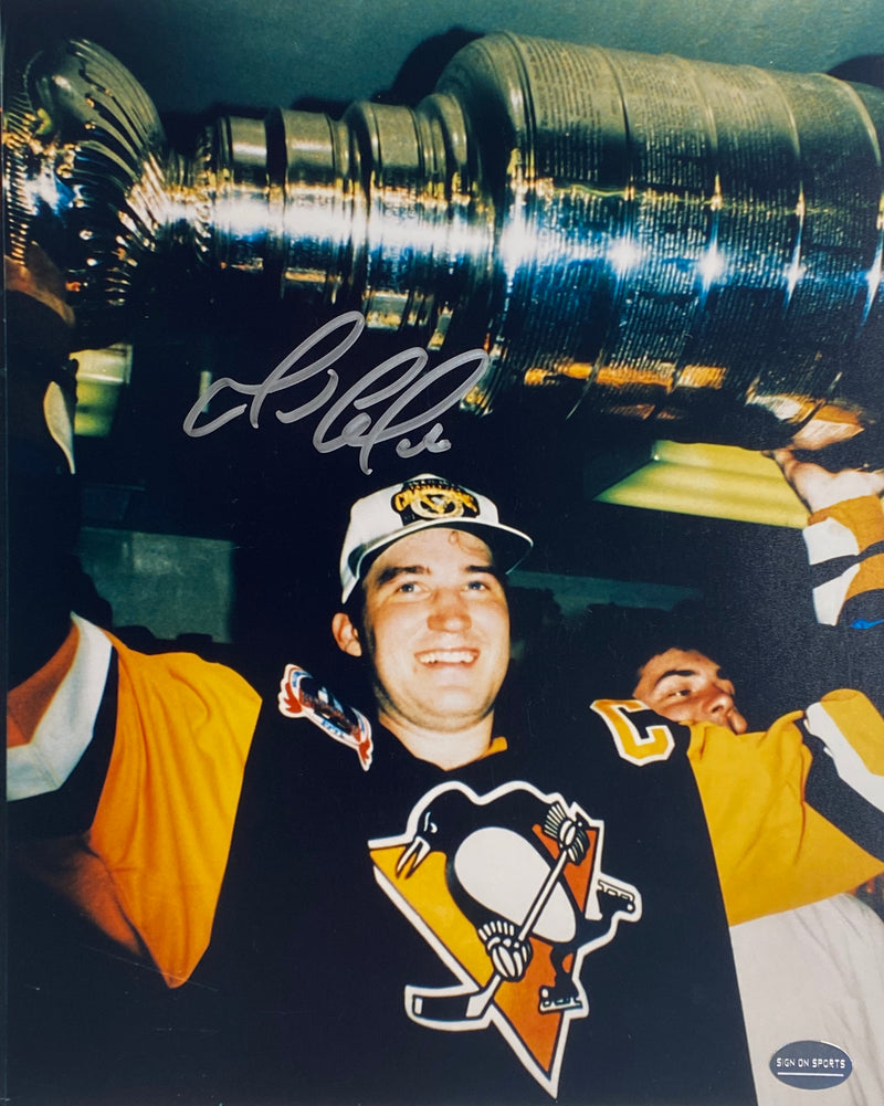 Mario Lemieux Signed Pittsburgh Penguins Hoisting the 1992 Stanley Cup 8x10 Photo
