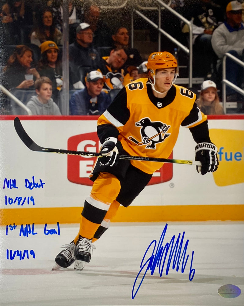 John Marino Signed, Inscribed "NHL Debut 10/8/19,  1st NHL Goal 11/4/19" Pittsburgh Penguins 8x10 Photo