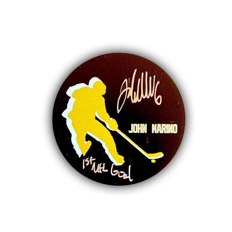 John Marino Signed, Inscribed "1st NHL Goal" Commemorative First Goal Hockey Puck