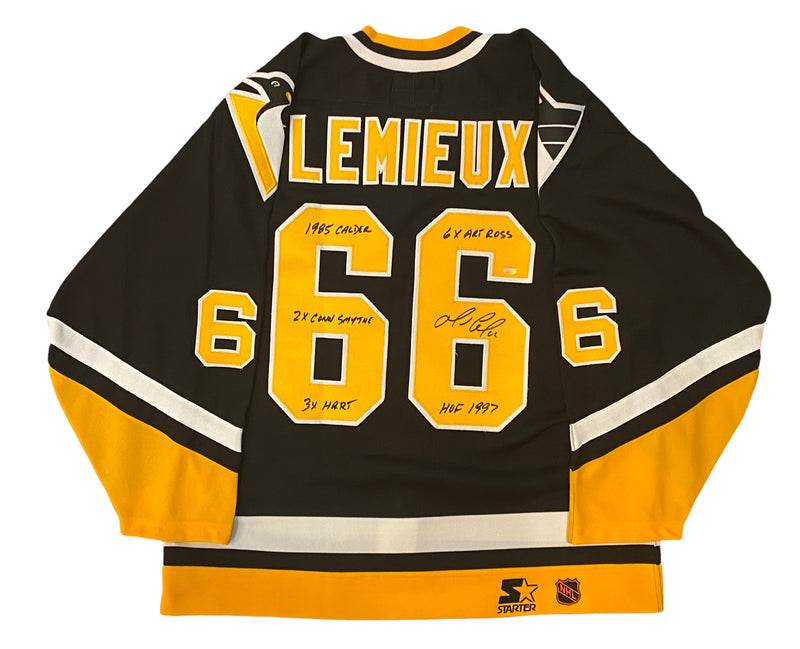 Mario Lemieux Signed, Inscribed "1985 Calder, 2X Conn Smythe, 3X Hart, 6X Art Ross, HOF 1997" Pittsburgh Penguins Authentic Starter Jersey - Size 52-R