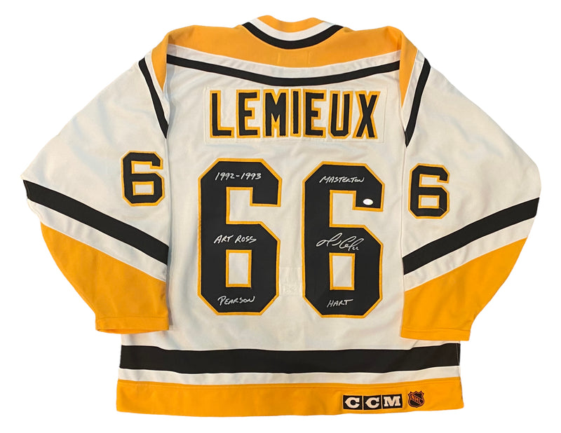 Mario Lemieux Signed - 5 Inscriptions Pittsburgh Penguins Authentic 1993 Maska CCM Jersey - Size 52