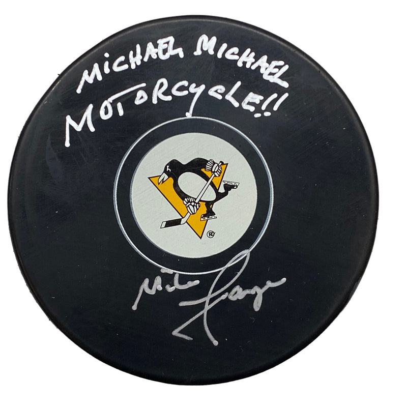 Mike Lange Signed, Inscribed "Michael Michael Motorcycle!" Pittsburgh Penguins Hockey Puck