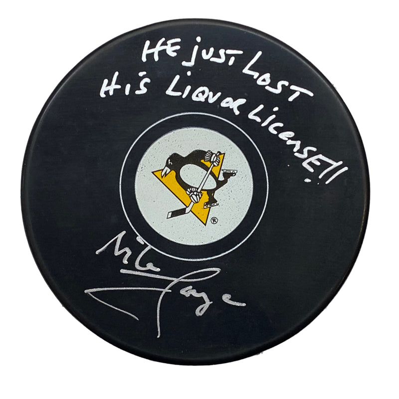 Mike Lange Signed, Inscribed "He Just Lost His Liquor License!" Pittsburgh Penguins Hockey Puck
