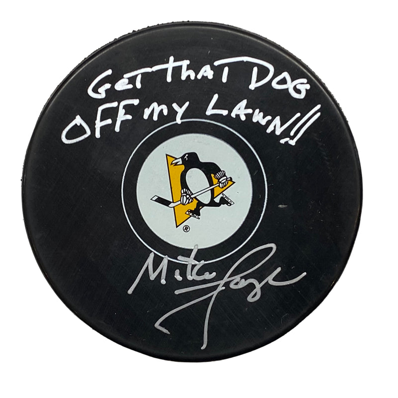Mike Lange Signed, Inscribed "Get That Dog Off My Lawn!" Pittsburgh Penguins Hockey Puck