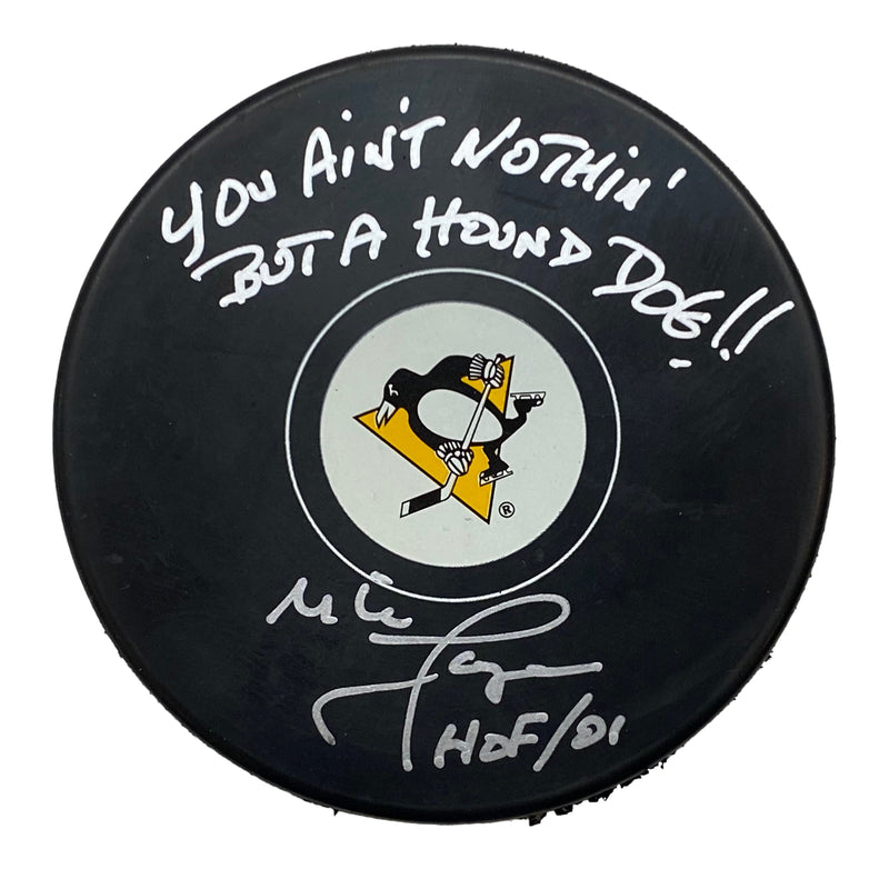 Mike Lange Signed, Inscribed "You Ain't Nothin But A Hound Dog!" Pittsburgh Penguins Hockey Puck