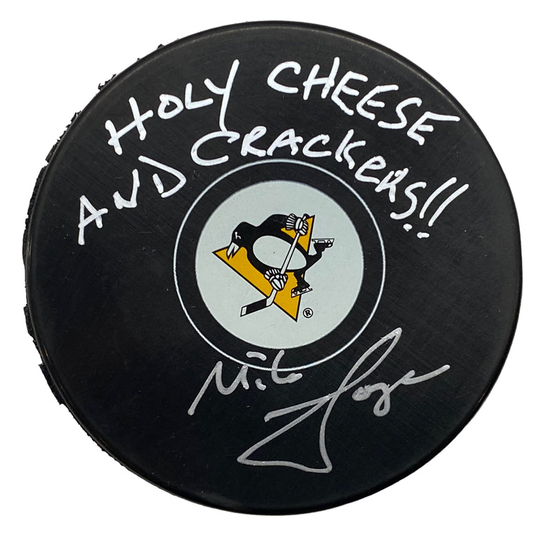 Mike Lange Signed, Inscribed "Holy Cheese And Crackers!" Pittsburgh Penguins Hockey Puck