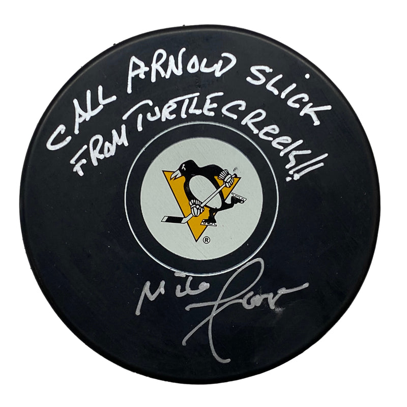 Mike Lange Signed, Inscribed "Call Arnold Slick From Turtle Creek!" Pittsburgh Penguins Hockey Puck
