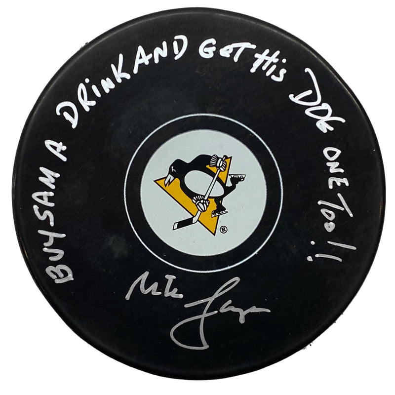 Mike Lange Signed, Inscribed "Buy Sam A Drink And Get His Dog One Too!" Pittsburgh Penguins Hockey Puck
