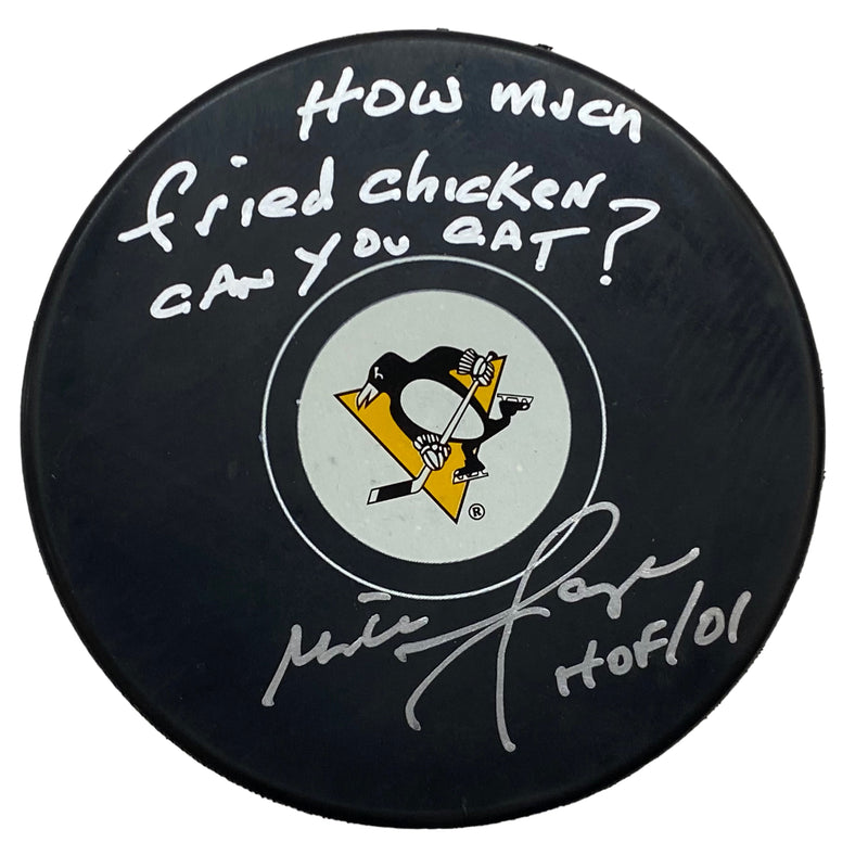Mike Lange Signed, Inscribed "How Much Fried Chicken Can You Eat?" Pittsburgh Penguins Hockey Puck