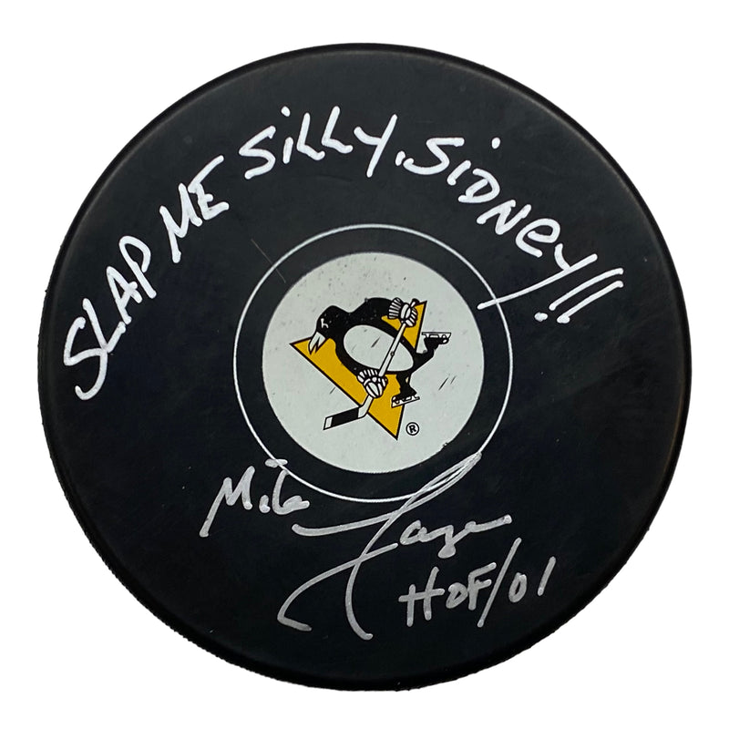 Mike Lange Signed, Inscribed "Slap Me Silly Sidney!" Pittsburgh Penguins Hockey Puck