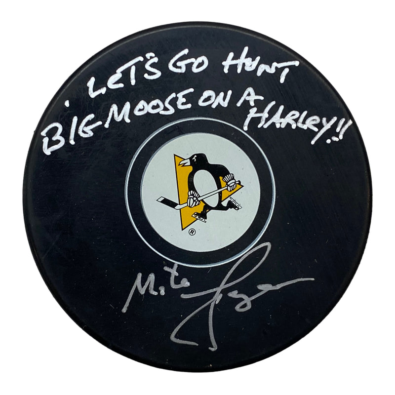 Mike Lange Signed, Inscribed "Let's Go Hunt Big Moose On A Harley!" Pittsburgh Penguins Hockey Puck