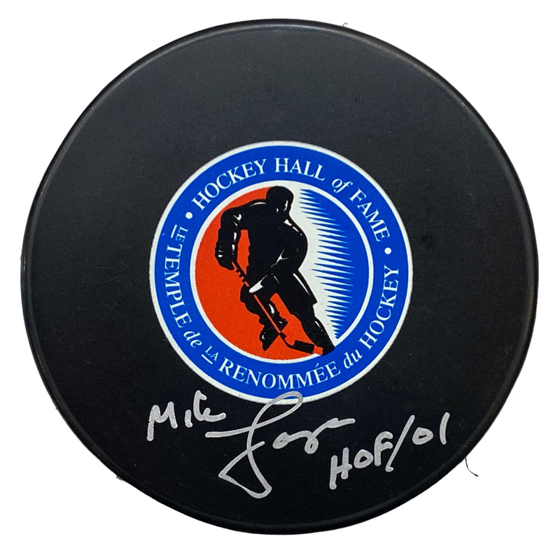 Mike Lange Signed, Inscribed "HOF 01" Hockey Hall of Fame Hockey Puck