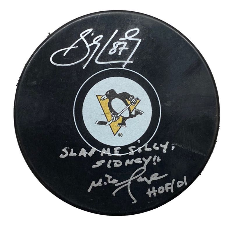 Sidney Crosby & Mike Lange Signed, Inscribed "Slap Me Silly Sidney!" Pittsburgh Penguins Hockey Puck