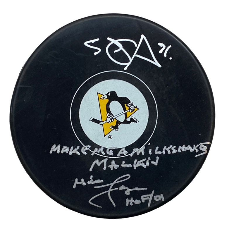 Evgeni Malkin & Mike Lange Signed, Inscribed "Make Me A Milkshake Malkin!" Pittsburgh Penguins Hockey Puck
