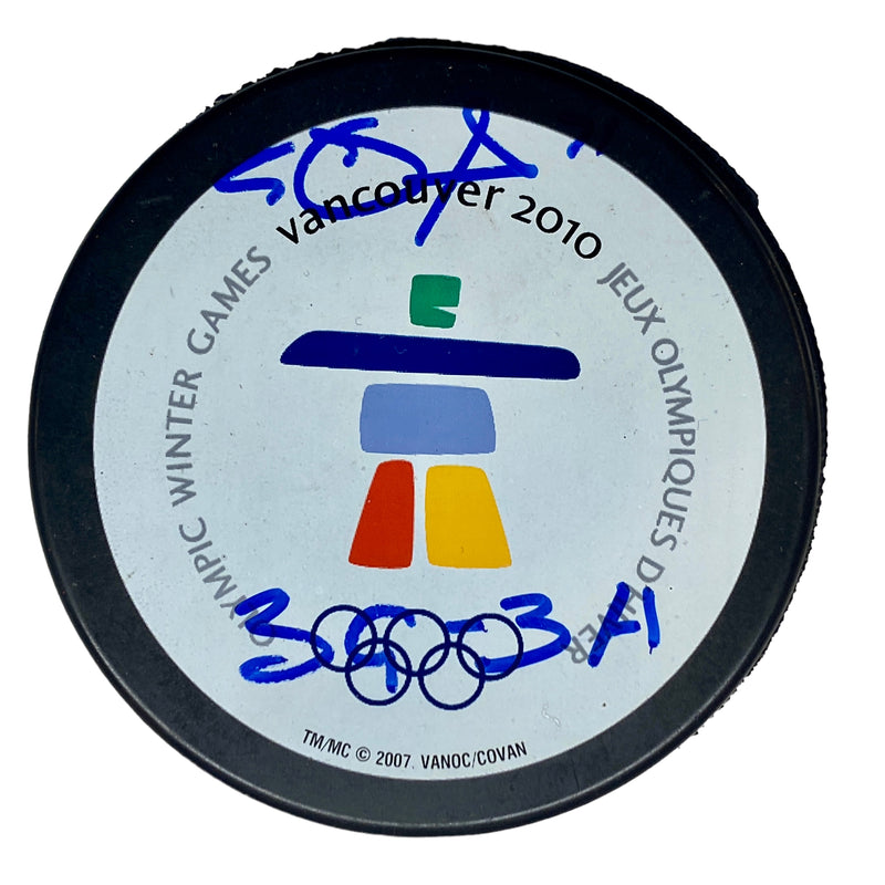 Evgeni Malkin Signed, Inscribed "3 G, 3 A" 2010 Olympic Hockey Puck