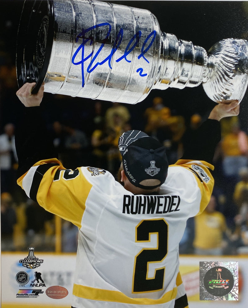 Chad Ruhwedel Signed Pittsburgh Penguins Hoisting the 2017 Stanley Cup 8x10 Photo