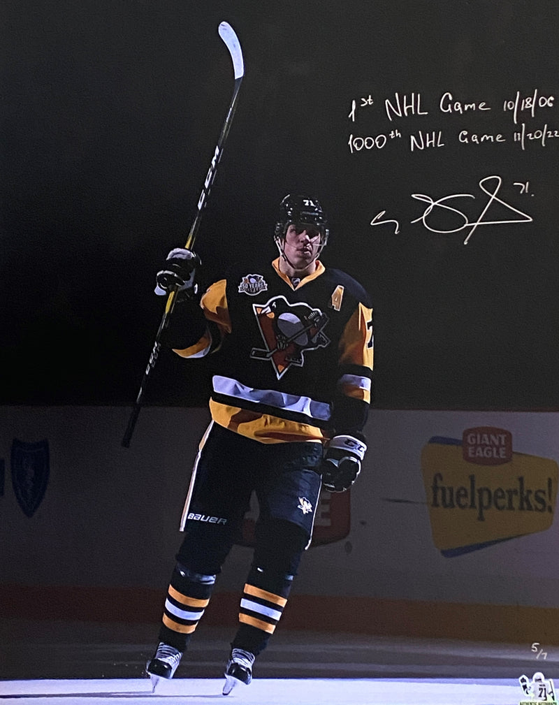 Evgeni Malkin Signed, Inscribed "1st NHL Game 10/18/2006, 1000th NHL Game 11/20/2022" Pittsburgh Penguins 16x20 Photo - Limited Edition