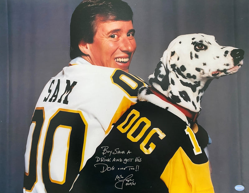 Mike Lange Signed, Inscribed "Buy Sam A Drink And Get His Dog One Too!!" Mike with Dalmation 16x20 Photo