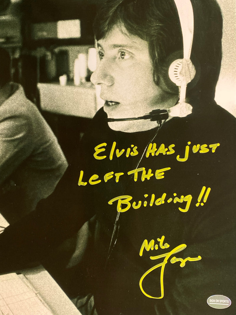 Mike Lange Signed, Inscribed "Elvis Has Just Left The Building!" 8x10 Photo
