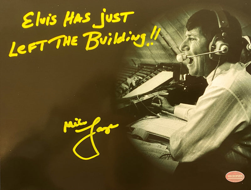 Mike Lange Signed, Inscribed "Elvis Has Just Left The Building!" 8x10 Photo
