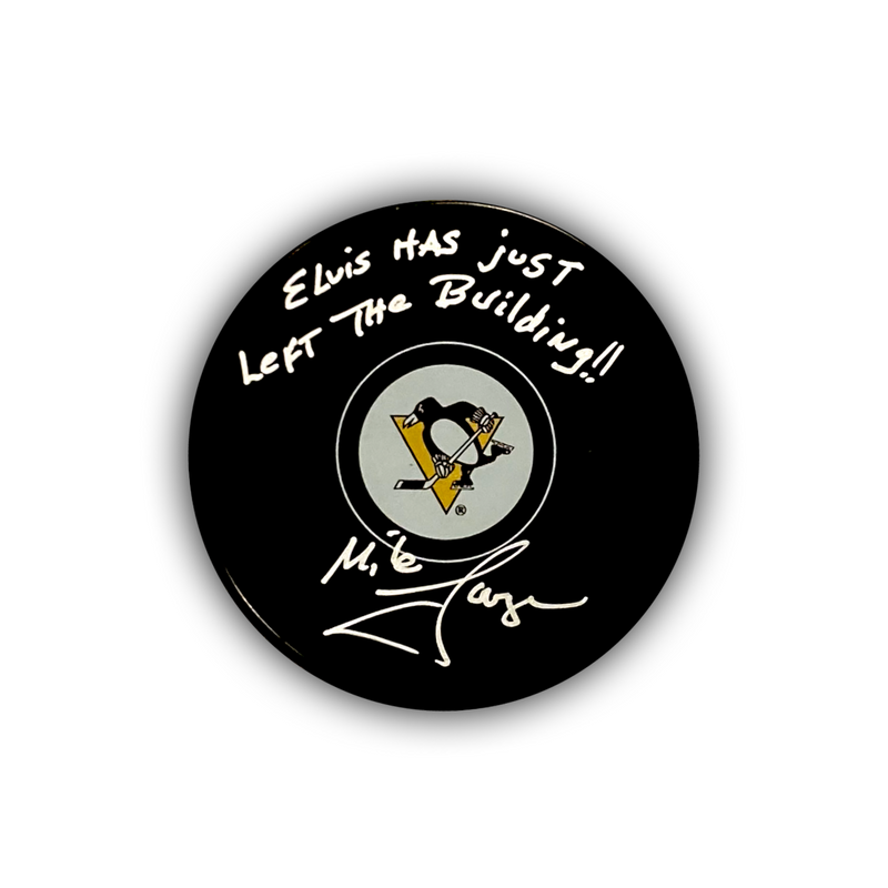 Mike Lange Signed, Inscribed "Elvis Has Just Left The Building!!" Pittsburgh Penguins Hockey Puck