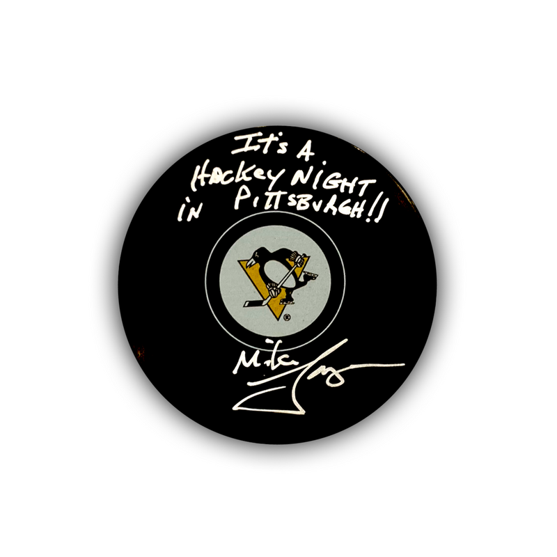 Mike Lange Signed, Inscribed "It's A Hockey Night In Pittsburgh!!" Pittsburgh Penguins Hockey Puck