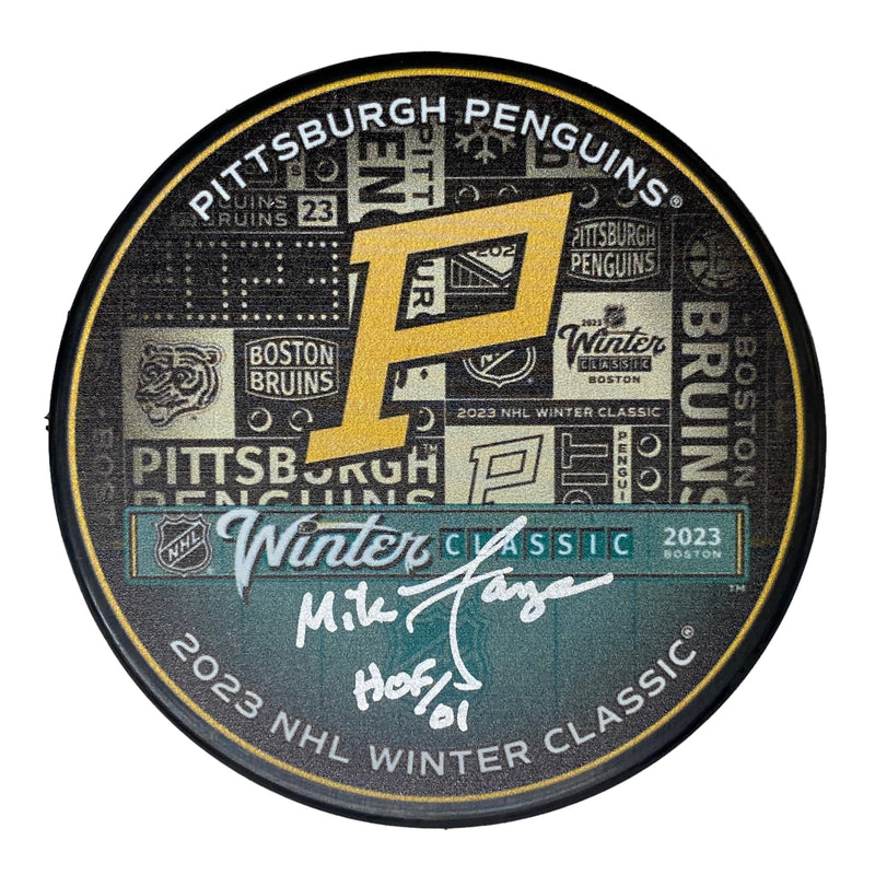Mike Lange Signed, Inscribed "HOF/01" 2023 Winter Classic Pittsburgh Penguins Hockey Puck