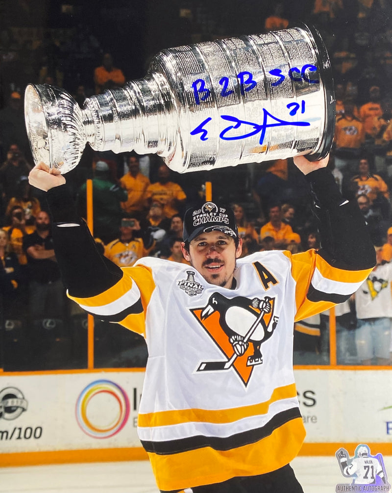 Evgeni Malkin Signed, Inscribed "B2B SCC" Pittsburgh Penguins Hoisting the 2017 Stanley Cup 8x10 Photo