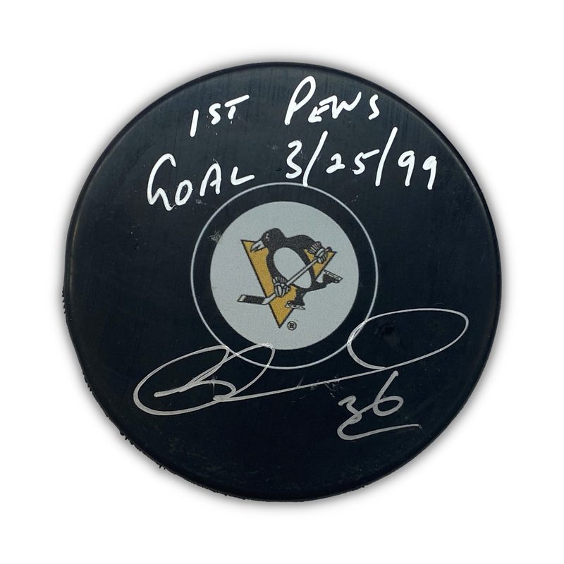 Matt Barnaby Signed, Inscribed "1st Pens goal 3/25/99" Pittsburgh Penguins Hockey Puck