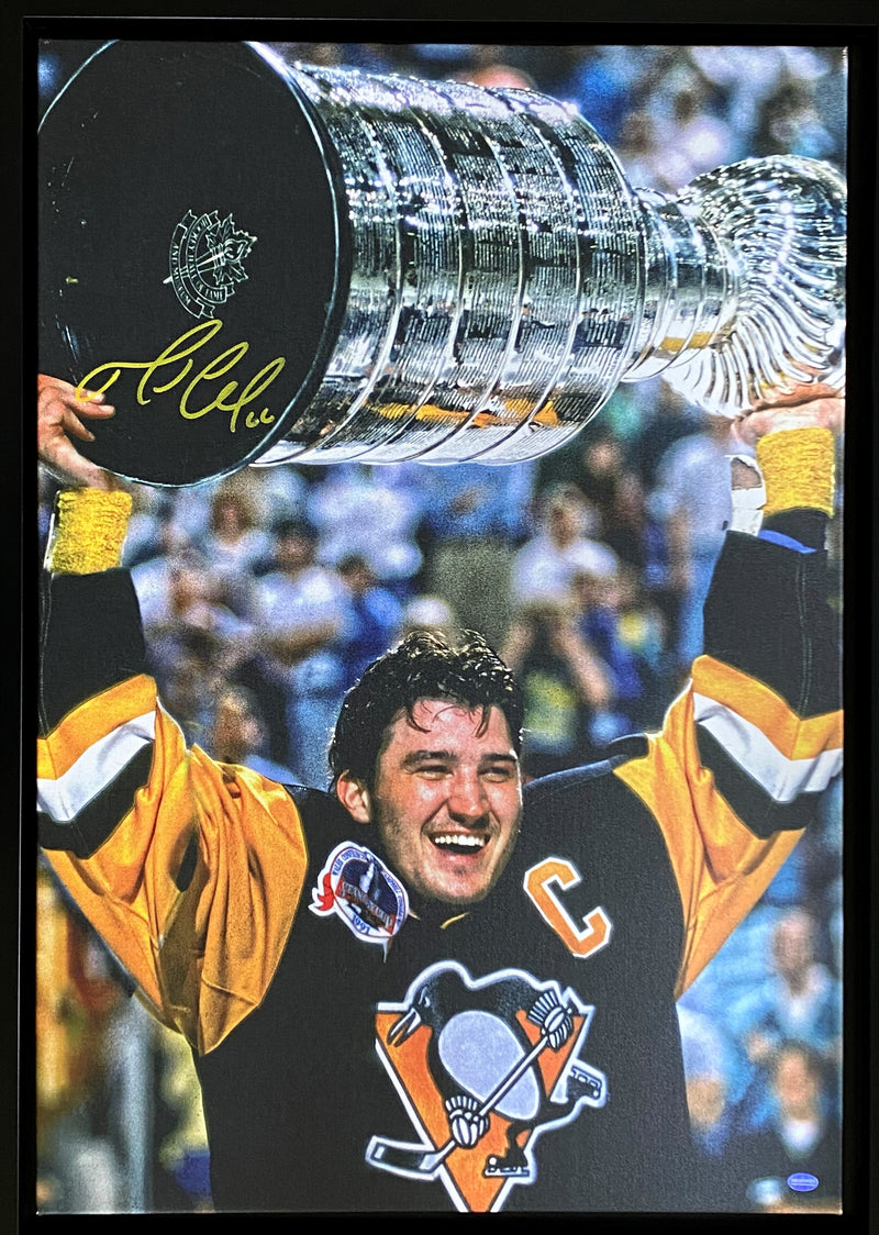 Mario Lemieux Signed Pittsburgh Penguins Hoisting the 1991 Stanley Cup 20x29 Canvas Framed