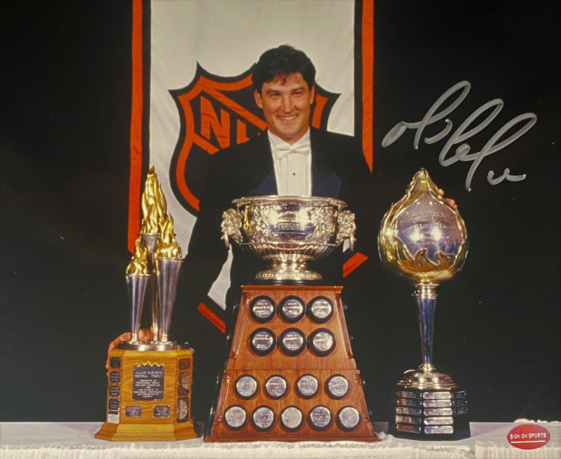 Mario Lemieux Signed 8x10 Photo with Art Ross Trophy, Hart Trophy & Bill Masterton Trophy