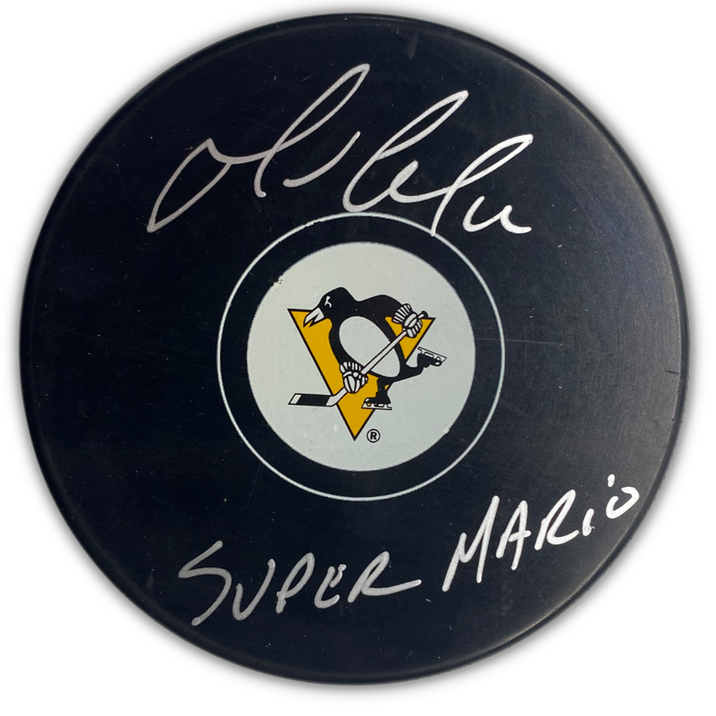 Mario Lemieux Signed, Inscribed "Super Mario" Pittsburgh Penguins Hockey Puck
