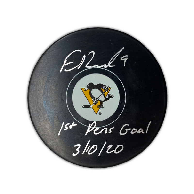 Evan Rodrigues Signed, Inscribed "1st Pens Goal  3/10/20" Pittsburgh Penguins Hockey Puck